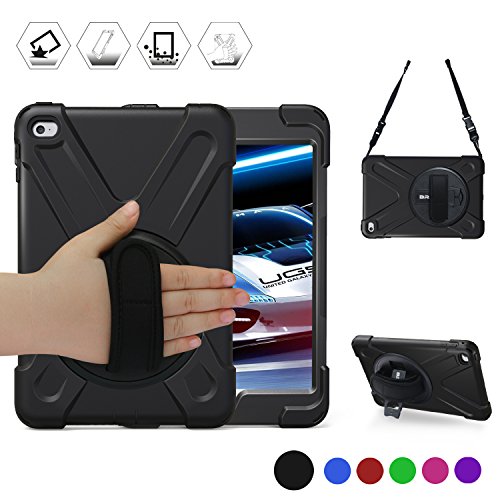 BRAECN for iPad Mini4 Shockpoof Case Three Layer Drop Protection Rugged Protective Heavy Duty iPad Case with a 360 Degree Swivel Stand/a Hand Strap and a Shoulder Strap for iPad Mini5/4 Case (Black)