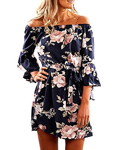 Book Cover SVALIY Women Off Shoulder Ruffles Floral Tunic Casual Party Shift Short Dress