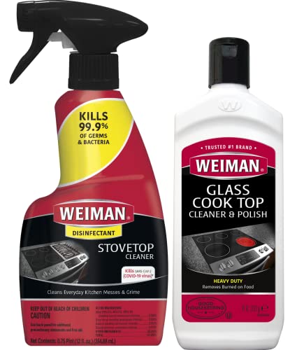 Weiman Ceramic and Glass Cooktop Cleaner - 10 Ounce - Stove Top Daily Cleaner Kit - 12 Ounce - Glass Ceramic Induction Cooktop Cleaning Bundle for Heavy Duty Mess Cleans Burnt-on Food