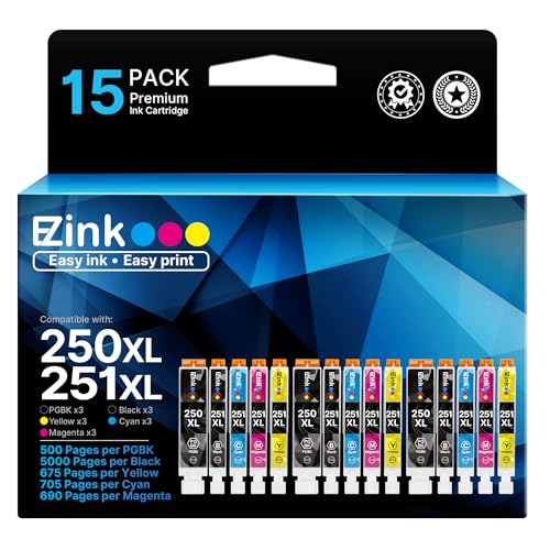 E-Z Ink (TM) Compatible Ink Cartridge Replacement for PGI-250XL PGI 250 CLI-251XL CLI 251 (3 Large Black, 3 Cyan, 3 Magenta, 3 Yellow, 3 Small Black) 15 Pack Works for PIXMA MX922 MG5522 MG5620 MG6320