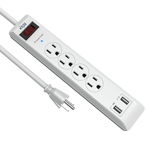KMC 4-Outlet Surge Protector Power Strip, Overload Protection, 4-Foot Cord with 2.4A 2-Port USB Ports, ETL Listed
