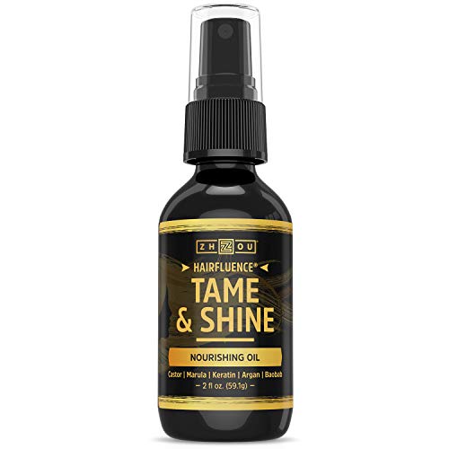 Zhou Nutrition Hairfluence Tame & Shine Hair Oil for Frizz-Free Healthy Shine - Scientifically Formulated Hair Oil Serum & Detangler with Keratin, Biotin, Argan, Baobab, Marula, Castor Oils - 2 oz.
