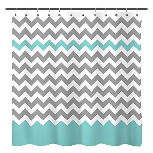Sunlit Zigzag Gray/Aruba Chevron Fabric Shower Curtain, Geometric Zig Zag Pattern Lines and Contemporary Stripes Futuristic Print Nordic Design Fabric Bathroom Decor