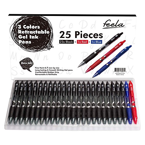 Feela 25-Piece Retractable Premium Black Gel Ink Roller Ball Pens with Comfort Grip (23 black + 1 red + 1 blue ink)