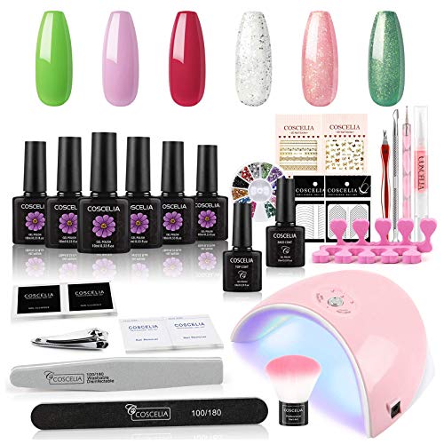 COSCELIA Gel Nail Polish Starter Kit with 36W Pink Nail Lamp LED Dryer Light 6 Colors Red Glitter Gel Nail Polish Set Base Top Coat Nail Rhinestone Stickers Manicure Tools Nail Art Designs