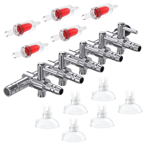Pawfly 5-Way Aquarium Air Flow Control Lever Valve Distributor Splitter Pump Accessories Set with 5 Check Valves & 6 Suction Cups for Fish Tank