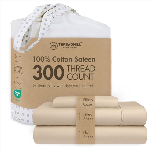 Threadmill Home Linen 300 Thread Count Twin XL Sheets Sets - 100% Long Staple Cotton Sheets for Twin XL Size Bed, Luxury 3 Piece Bedding Set with Deep Pocket Fitted Sheet, Smooth Solid Sateen, Beige