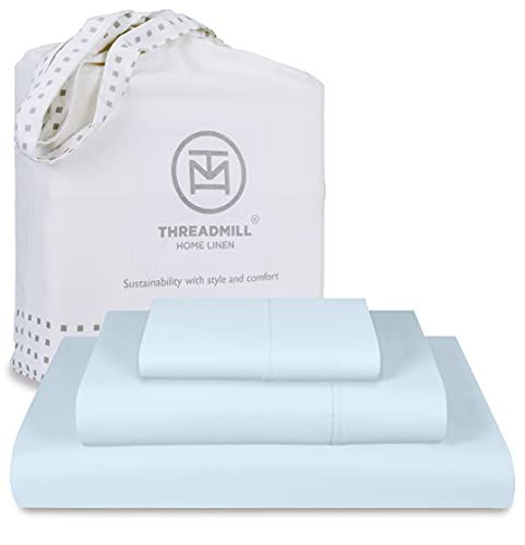 Hotel Quality Luxury 600 Thread Count 100% Cotton Twin XL Size Sheets, 3 Pc Sateen Weave Light Blue Sheet Set, Premium Soft Sheets with Elasticized Deep Pocket & A Free Tote Bag by Threadmill