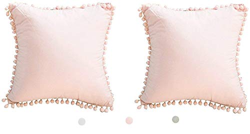 Meaning4 Pom Poms Fringe Cotton Throw Pillow Covers Shabby Pink 18X18 inches(45x45 CM) Pack of 2 (Not Include Insert)