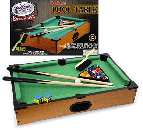 Matty's Toy Stop Deluxe Wooden Mini Table Top Pool (Billiards) Table with 15 Colored Balls, 1 Cue Ball, 1 Brush, 2 Pool Sticks, 2 Cubes of Chalk & Racking Triangle