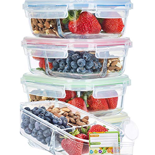 Glass Meal Prep Containers 3 Compartment Super Bundle (5-Pack With Sauce Cups & Labels) Meal Prep Glass Containers/Bento Box Containers. Microwave & Oven Safe. Bento Box Lunch Glass Container.