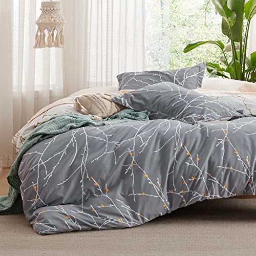 Bedsure Duvet Cover King Size - Reversible Grey/Ivory King Duvet Cover Set for Kids & Adults with Zipper Closure, 3 Pieces Cute Floral Patterned Bedding Set with 2 Pillow Shams, Comforter Not Included