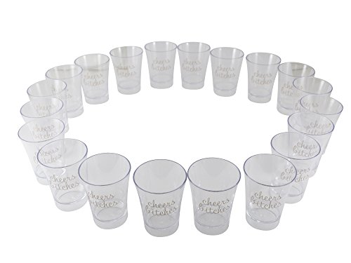 Party Shot Glasses for Bachelorettes and Birthdays, Cheers Bitches 2 oz Plastic Shooters (20 Pack)