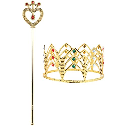 BLUE PANDA 2-Pack of Princess Crown Tiara and Imitation Scepter - Princess Fairy Wand and Imitation Royal Rhinestone Crown for Kids, Little Girls, Gold