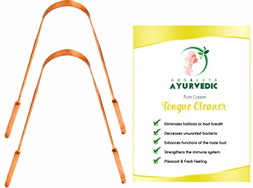 Absolute Ayurvedic Pack of 2 Copper Tongue Scraper Cleaner | Dentist Recommended For Dental Health and Fresh Breath | Oral Hygiene Free E-Book Included