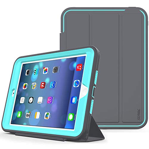 SEYMAC stock Case for iPad Mini 1/2/ 3 Case(Not for mini4), 3-Layer Heavy Duty Shock-Poof Smart Cover, Auto Sleep Wake with Leather Stand Feature for iPad Mini 1/2/3 (Dark Gray/SkyBlue)