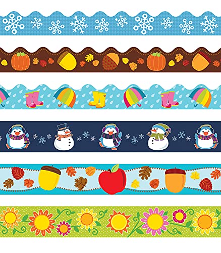 Carson Dellosa Seasonal Bulletin Board Bordersâ€”6-Pack of Scalloped and Straight Border Trim, 79 Strips of Colorful Winter, Spring, Fall Decorations (225 ft)