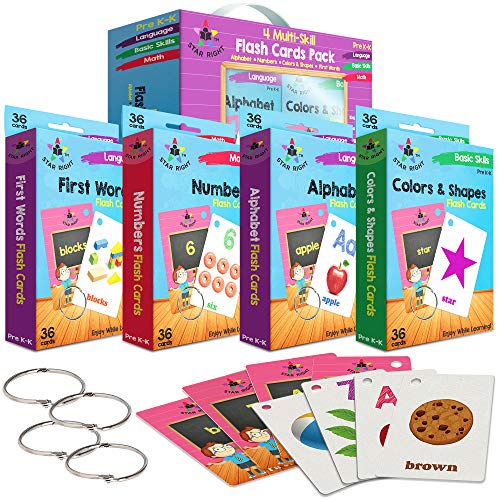 Book Cover Star Right Flash Cards Set of 4 - Numbers, Alphabets, First Words, Colors & Shapes - Value Pack Flash Cards with Rings for Pre K - K