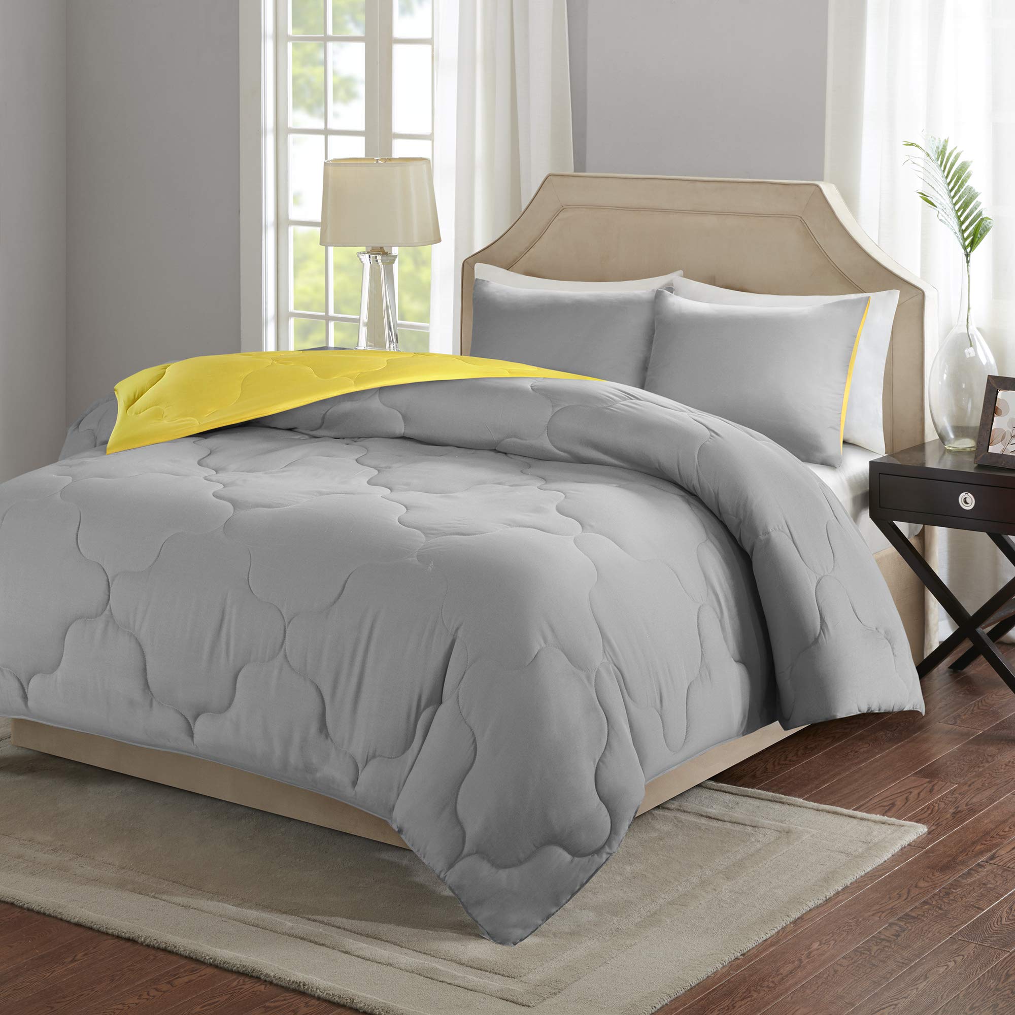 Book Cover Comfort Spaces Vixie Reversible Comforter Set - Trendy Casual Geometric Quilted Cover, All Season Down Alternative Cozy Bedding, Matching Sham, Grey/Yellow, Full/Queen 3 piece Grey/Yellow Full/Queen