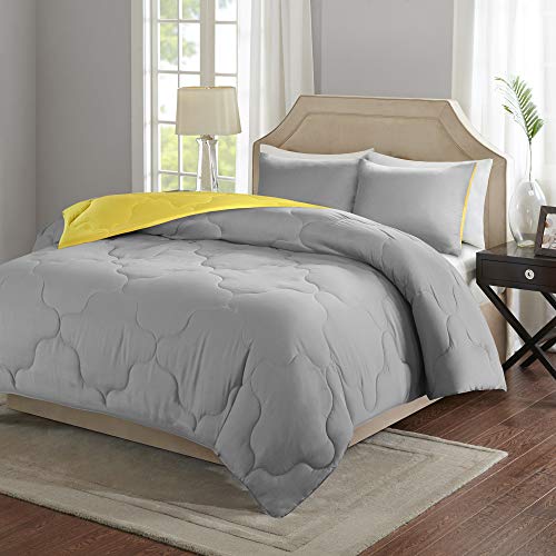 Comfort Spaces Vixie Reversible Comforter Set - Trendy Casual Geometric Quilted Cover, All Season Down Alternative Cozy Bedding, Matching Sham, Grey/Yellow, Full/Queen 3 piece Grey/Yellow Full/Queen