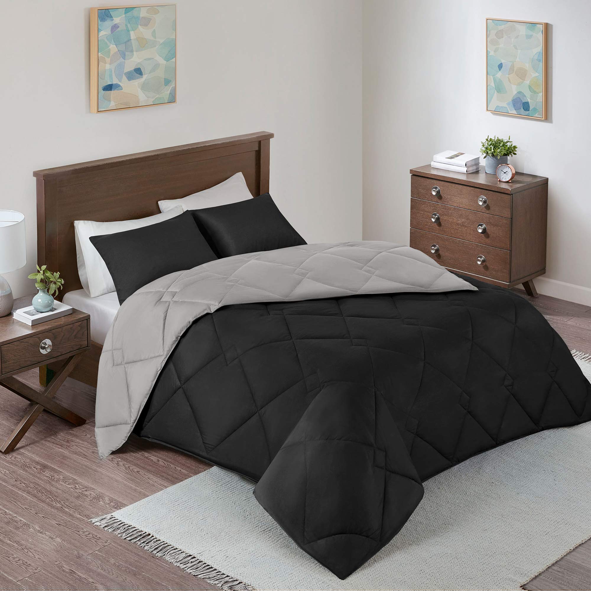 Book Cover Comfort Spaces Vixie Reversible Comforter Set - Trendy Casual Geometric Quilted Cover, All Season Down Alternative Cozy Bedding, Matching Sham, Black/Gray, Twin/Twin XL 2 piece Black/Grey Twin/Twin XL