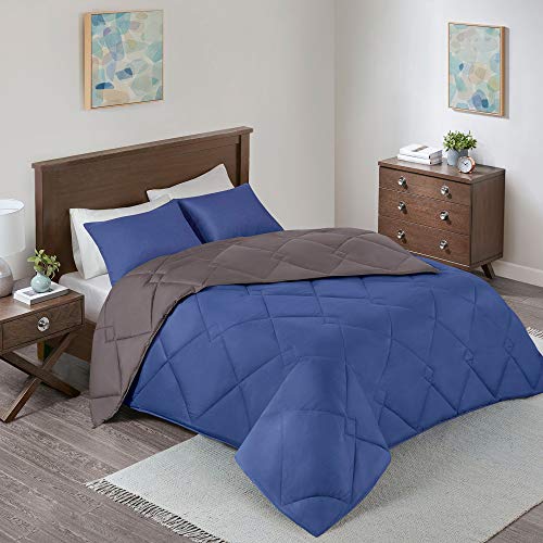 Comfort Spaces Vixie Reversible Comforter Set - Trendy Casual Geometric Quilted Cover, All Season Down Alternative Cozy Bedding, Matching Sham, Navy/Charcoal, Full/Queen 3 piece