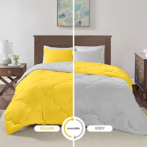 Comfort Spaces Vixie 2 Piece Comforter Set All Season Reversible Goose Down Alternative Stitched Geometrical Pattern Bedding, Twin/Twin XL, Yellow/Grey