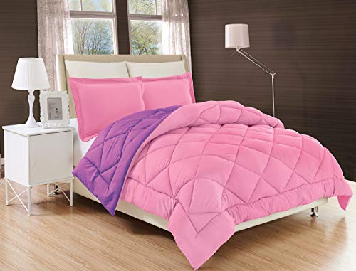 Elegant Comfort All Season Comforter and Year Round Medium Weight Super Soft Down Alternative Reversible 3-Piece Comforter Set, Full/Queen, Pink/Purple