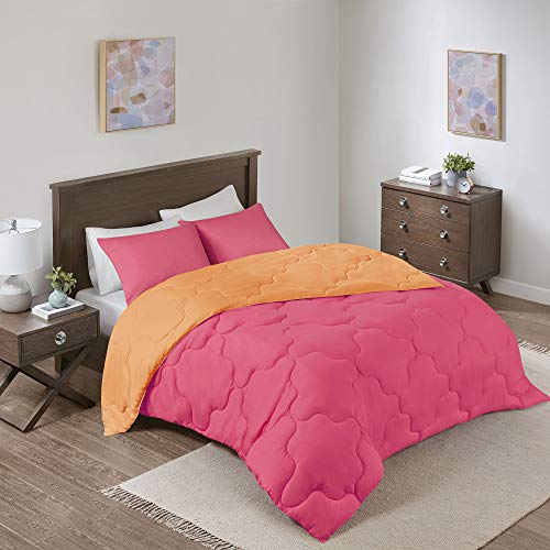 Comfort Spaces Vixie Reversible Comforter Set - Modern Geometric Quaterfoil Cloud Quilted Design, All Season Down Alternative Bedding, Matching Shams, Pink/Orange Twin/Twin XL(66"x90") 2 Piece