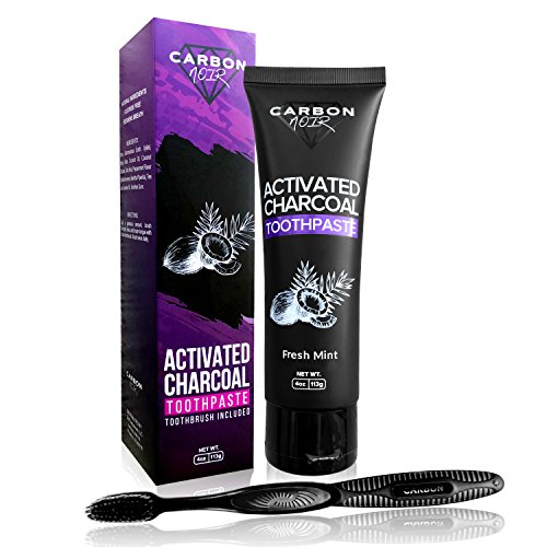 Book Cover Activated Charcoal Teeth Whitening Natural Toothpaste Kit w/ Coconut Oil, Black Binchotan Toothbrush Included - USA Made - Whitener, Fluoride Free - No messy powder strips, Removes Tooth Stains (Mint)