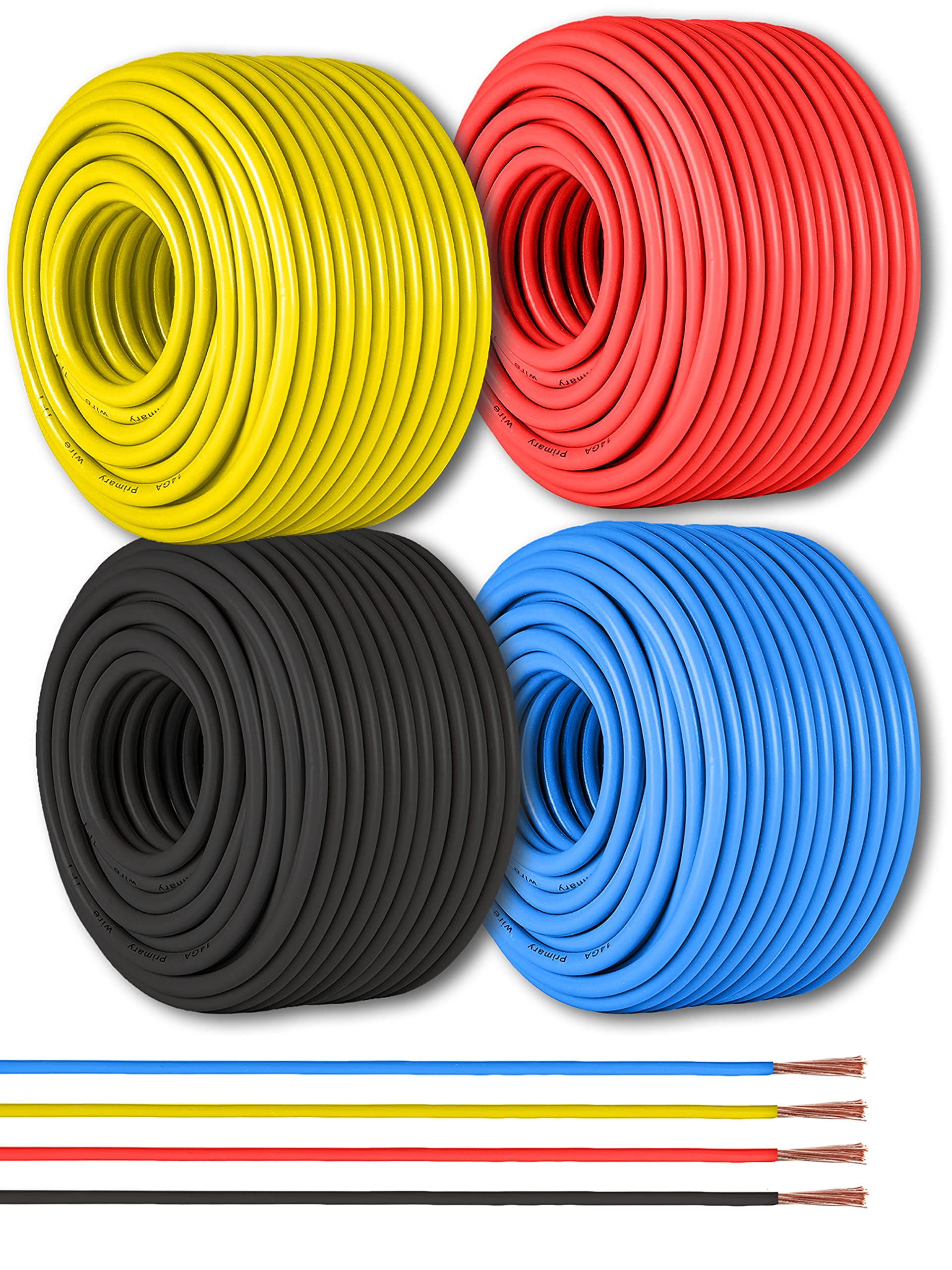 GS Power 12 Gauge Electrical Wire - 4 Pack Color Combo Low Voltage Wiring 100 Feet Per Roll, Copper Clad Aluminum Electric Wires for 12 Volt Automotive, Lighting, Trailer or Car Audio 100 ft 4 pack
