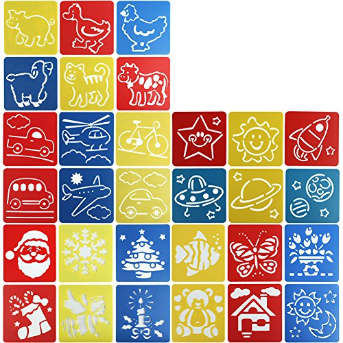 ScivoKaval 30 Pcs Painting Stencil Plastic Drawing Spraying Templates for Kids Crafts Washable Template Cute Patterns for School Projects Assorted Colors