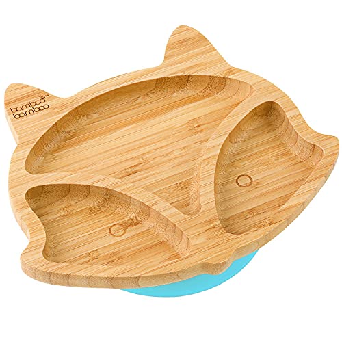 bamboo bamboo Baby and Toddler Plate for Feeding and Weaning, Bamboo Fox Plate with Secure Suction Cup for Babies from 6 Months (Fox, Blue)