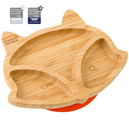 Bamboo Baby Plate with Suction - Kids and Toddler Suction Cup Plate for Babies, Non-toxic All-Natural Bamboo Baby Food Plate Stays Cool to the Touch for Baby-Led Weaning (Fox-Orange)