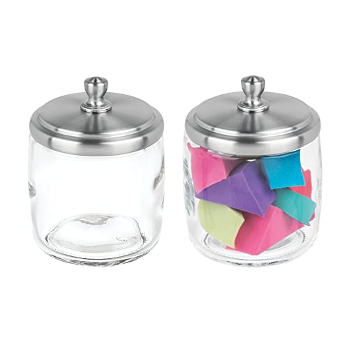 mDesign Small Apothecary Organizer Canister Jars - Glass Containers with Steel Lid for Bathroom, Organization Holder for Vanity, Counter, Hamill Collection - 2 Pack - Clear/Brushed Chrome