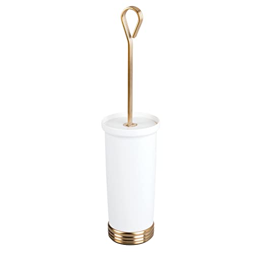 mDesign Compact Freestanding Plastic Toilet Bowl Brush and Holder for Bathroom Storage, Decorative Steel Handle and Base, Non-Skid - Sturdy, Deep Cleaning - White/Soft Brass