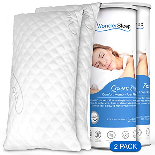 WonderSleep Premium Adjustable Loft [Queen Size 2-Pack] - Shredded Hypoallergenic Memory Foam for Home & Hotel Collection + Washable Removable Cooling Bamboo Derived Rayon Cover - 2 Pack Queen