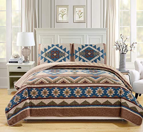 Book Cover Rustic Western Southwestern Native American Tribal Navajo Design Oversized Bedspread Quilt Set in Beige Taupe Brown Blue Green Austin Taupe (King / California King)