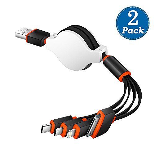 Book Cover KINGBACK Multi USB Cable 2 Pack Retracrable 4 in 1 Multifunctional USB Cable Adapter Connector with Type C/Micro USB Port for Cell Phones Tablets and More