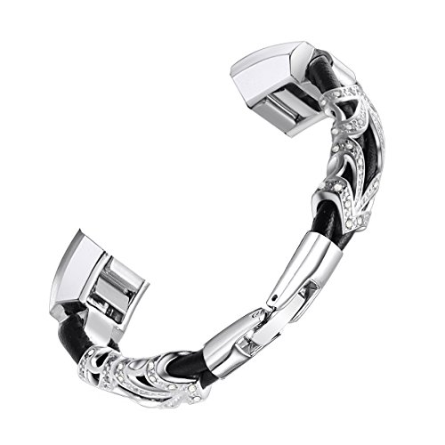 bayite Leather Bands Compatible with Fitbit Alta and Alta HR, Metal Clasp Leather Cord Wristband with Rhinestone Bling, (Silver with Rhinestone, 5.5" - 6.7")