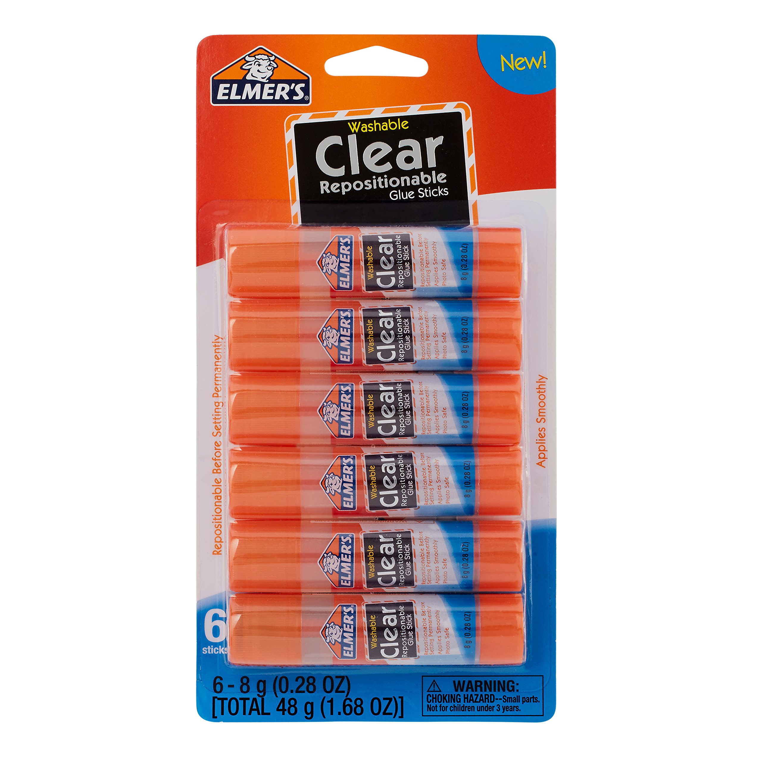 Book Cover Elmer's Re-Stick School Glue Sticks, Clear, Washable, 8 grams, 6 Count