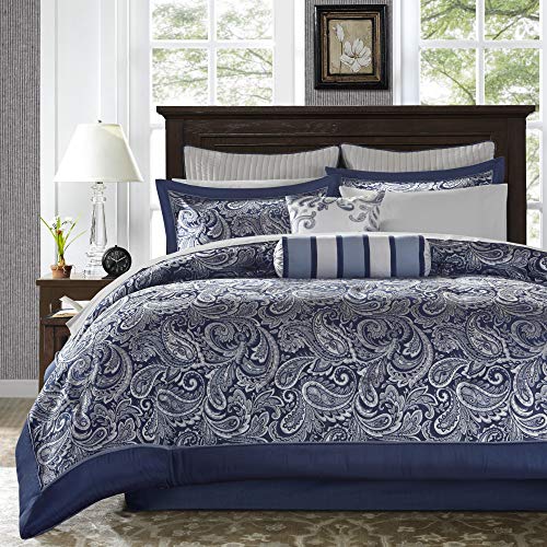 Book Cover Madison Park Aubrey Queen Size Bed Comforter Set Bed In A Bag - Navy, Grey , Paisley Jacquard â€“ 12 Pieces Bedding Sets â€“ Ultra Soft Microfiber Bedroom Comforters