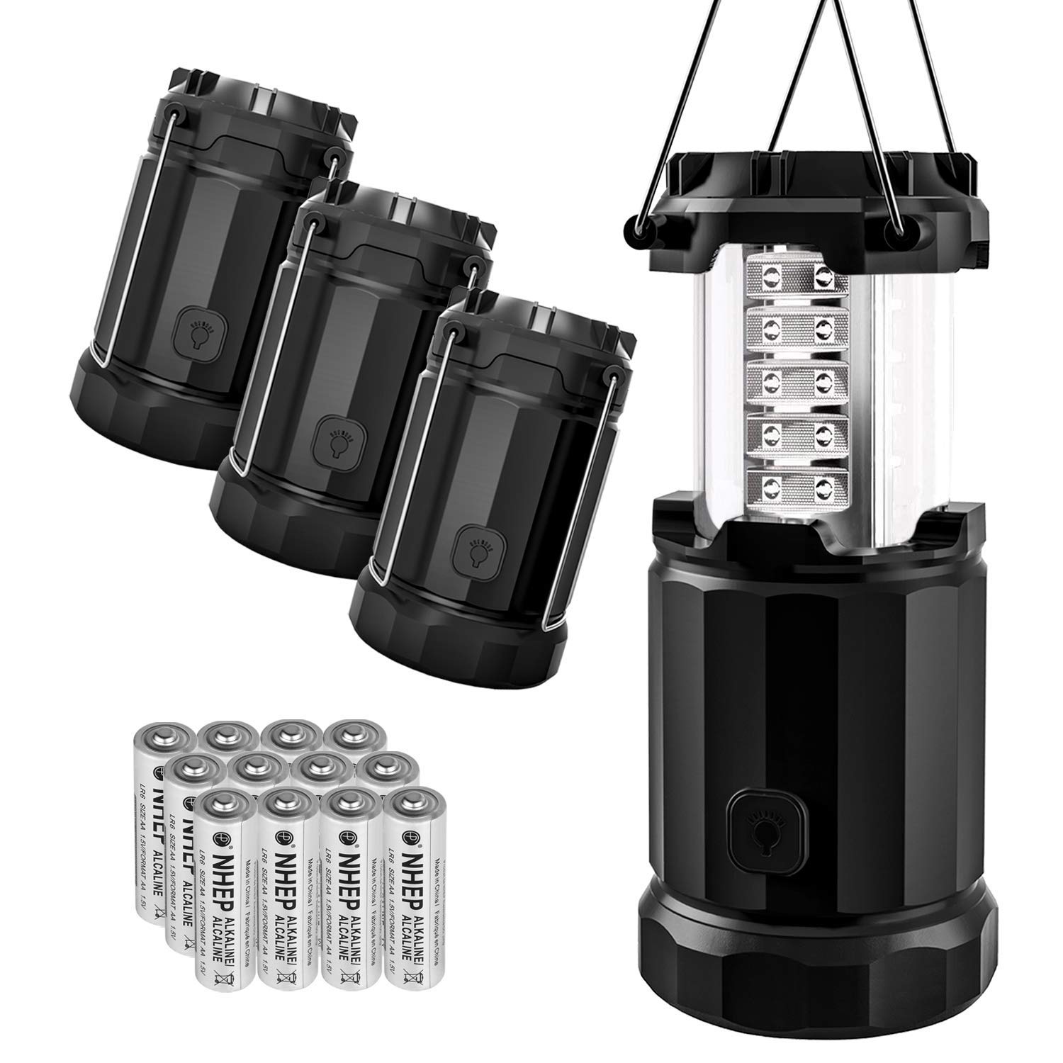 Etekcity 4 Pack Portable LED Camping Lantern with 12 AA Batteries - Survival Kit for Emergency, Hurricane, Power Outage (Black, Collapsible) (CL30)