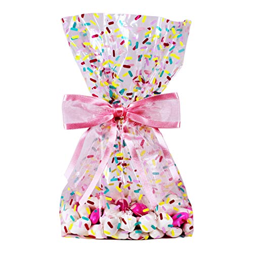 Saybrook Products Donut Sprinkles Cellophane Treat/Party Favor Bags with Hot Pink Twist-Tie Organza Bow. Set of 10 Gussetted 11x5x3 Goodie Bags with Bows. Multi-Color