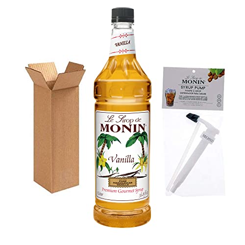 Monin - Vanilla Syrup with Monin BPA Free Pump, Boxed, Versatile Flavor, Great for Coffee, Shakes, and Cocktails, Gluten-Free, Non-GMO (1 Liter)