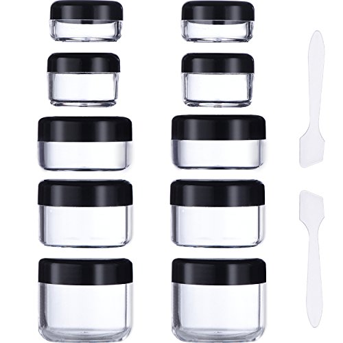 10 Pieces Empty Clear Plastic Sample Containers 3/5/ 10/15/ 20 Gram Size Round Cosmetic Pot Jars with Black Screw Cap Lids and 2 Pieces Mini Spatula
