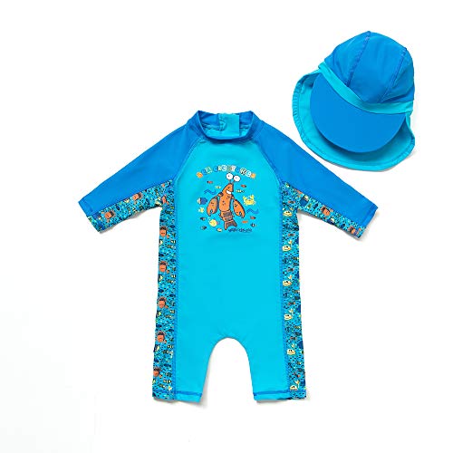BONVERANO Kids UPF 50+ Sun Protection 3/4 Sleeves One Piece Zip Sunsuit with Sun Cap(6-9 Months, Cartoon Lobster)