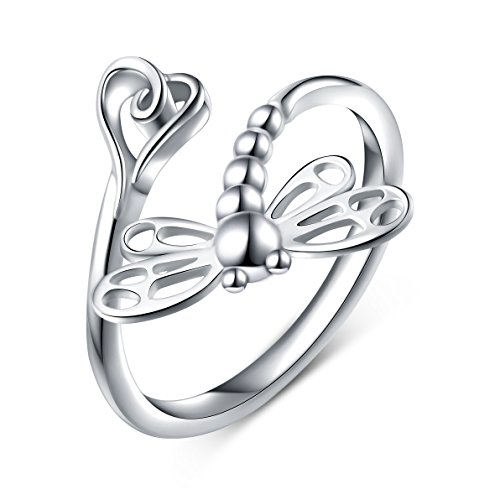DAOCHONG 925 Sterling Silver Open Heart Dragonfly Rings for Women Birthday Gift (Resizable Ring)