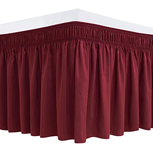 Biscaynebay Wrap Around Bed Skirts for Queen Beds 15 Inches Drop, Burgundy Elastic Dust Ruffles Easy Fit Wrinkle & Fade Resistant Silky Luxurious Fabric Solid Machine Washable
