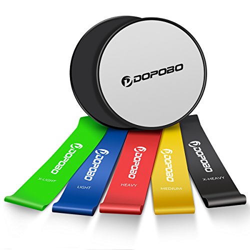 Dopobo Core Sliders & 5 Resistance Loop Exercise Bands, Dual Sided Exercise Sliders for Working Out, Strength Slides Gliding Discs for ab Workouts & Core Fitness (Black)